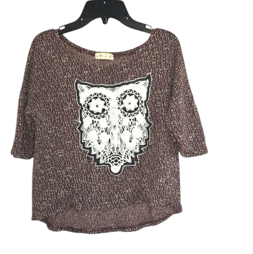 Flashing lightsWomen's knitted mid Sleeves topLargeOwl knitted Burgundy with